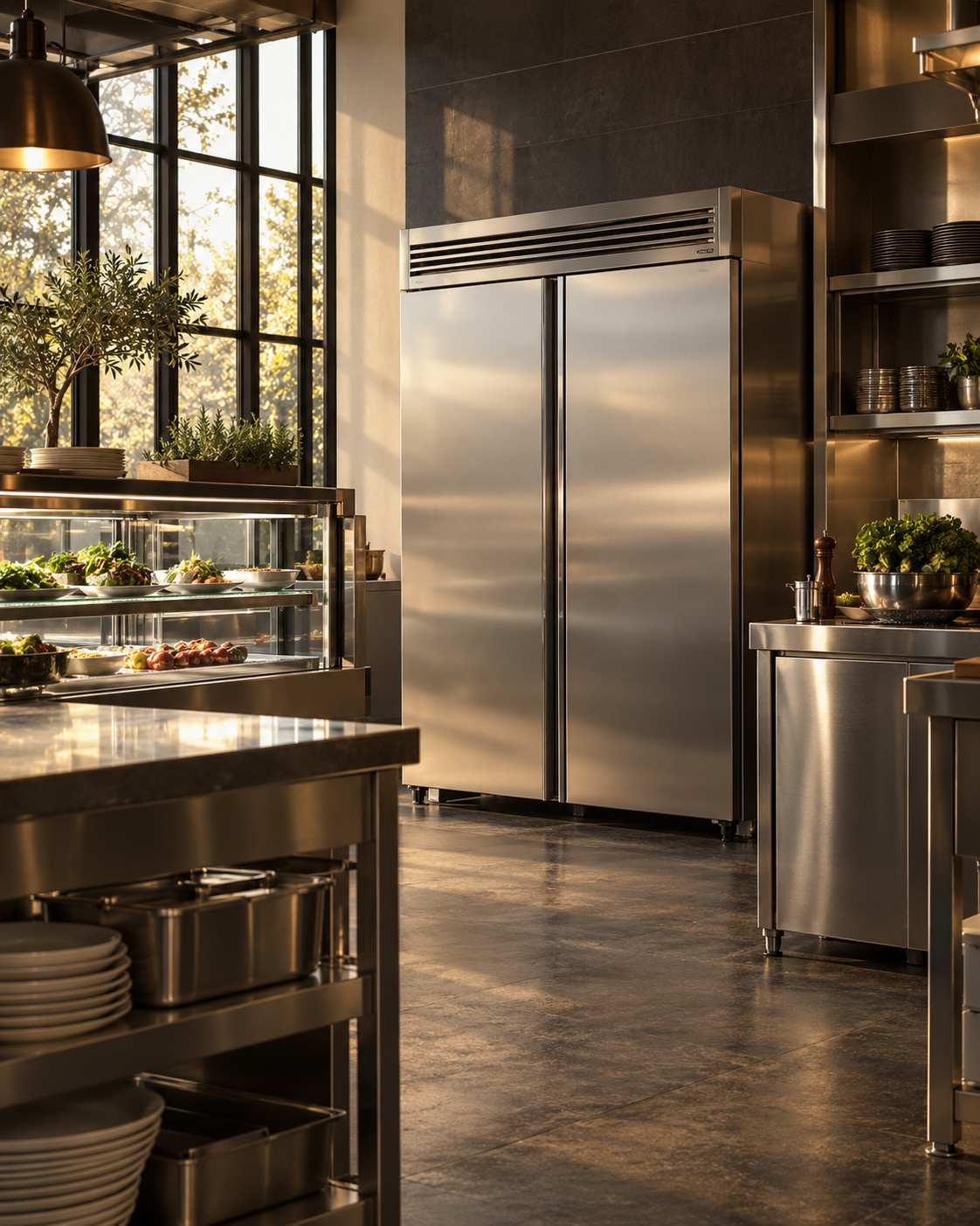Armario frigorífico y vitrina refrigerada en cocina profesional