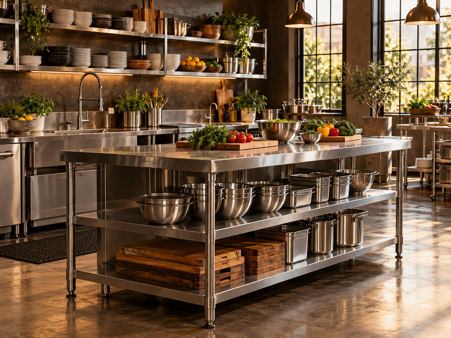 Mesa de trabajo y mobiliario de preparación estática en cocina profesional